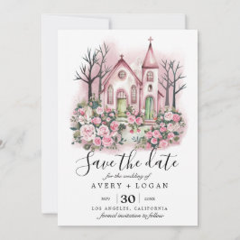 ピンクの教会の花の水彩画のSave the Date 招待状