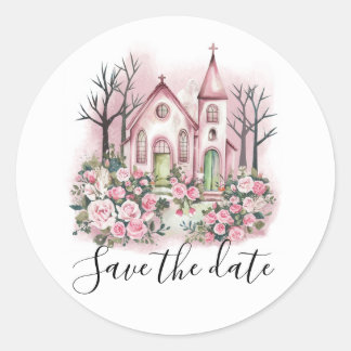 ピンクの教会の花の水彩画 Save the Date ラウンドシール