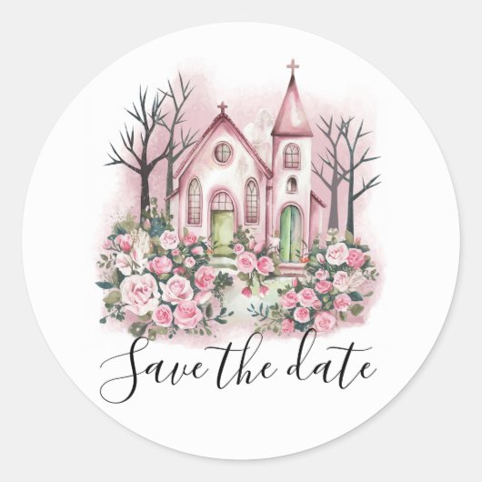 ピンクの教会の花の水彩画 Save the Date ラウンドシール (正面)