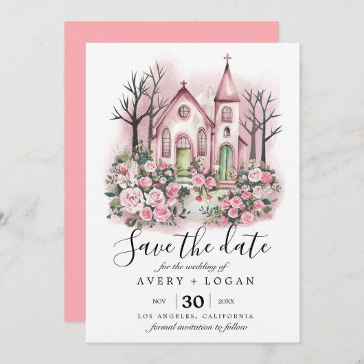 ピンクの教会の花の水彩画 Save the Date 招待状 (正面/裏面)