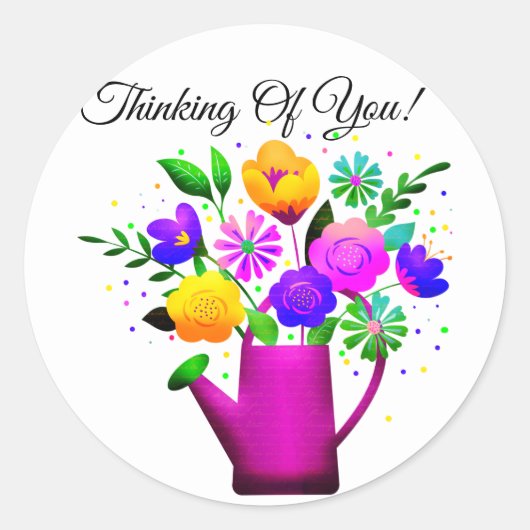 ピンクの散水ポットと黄色のピンクの花 ラウンドシール (正面)