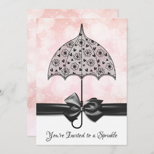 ピンクの散水赤ちゃんシャワーブラックレース傘 招待状 (正面/裏面)
