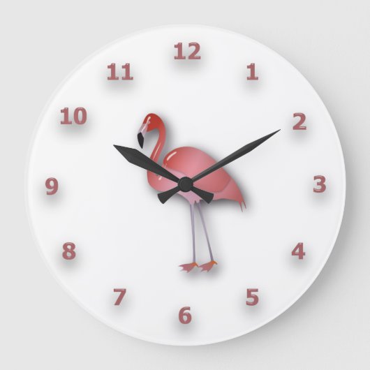 ピンクの数字を持つ光沢のあるフラミンゴ ラージ壁時計 (正面)