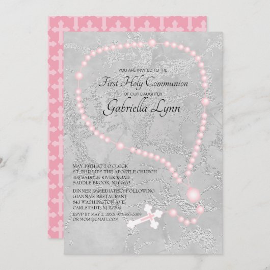 ピンクの数珠のビーズの最初聖餐式 招待状 (正面/裏面)