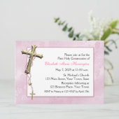 ピンクの数珠のビーズ、宗教十字 招待状 (スタンド正面)