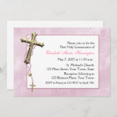 ピンクの数珠のビーズ、宗教十字 招待状 (正面/裏面)