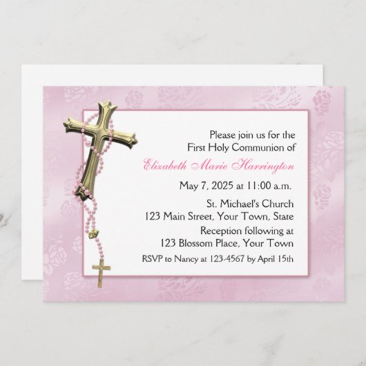 ピンクの数珠のビーズ、宗教十字 招待状 (正面/裏面)