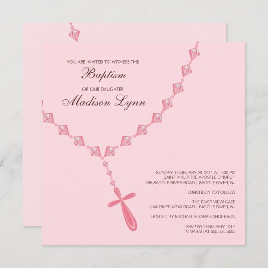 ピンクの数珠のビードの女の赤ちゃんの洗礼Inviation 招待状 (正面/裏面)