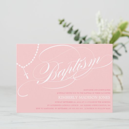 ピンクの数珠は%PIPE%の洗礼の招待状に玉を付けます 招待状 (スタンド正面)