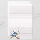 ピンクの文字の並んだ木の青書鳥 便箋 (正面/裏面)