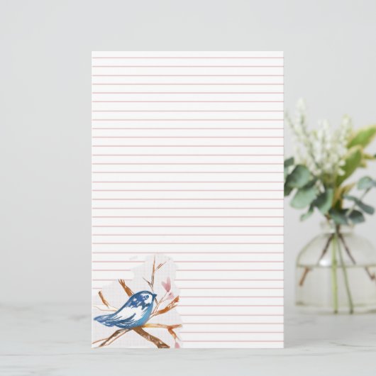 ピンクの文字の並んだ木の青書鳥 便箋 (スタンド正面)