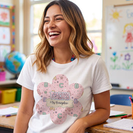 ピンクの文字の先生のスクールパターン Tシャツ