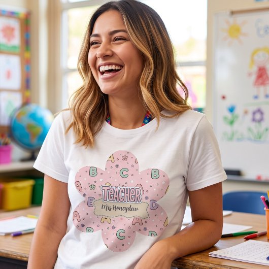 ピンクの文字の先生のスクールパターン Tシャツ