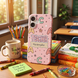 ピンクの文字の先生 学校 パターン iPhone 16ケース