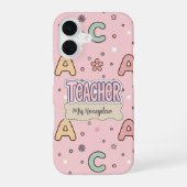 ピンクの文字の先生 学校 パターン iPhone 16ケース (裏面)