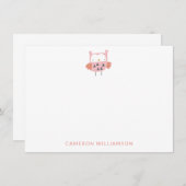 ピンクの文房具が可愛パーソナライズされたいフクロウ ノートカード (正面/裏面)