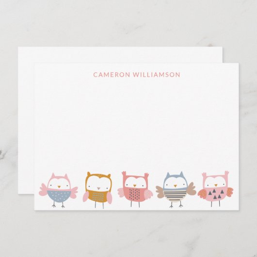 ピンクの文房具のかわいいパーソナライズされたフクロウ サンキューカード (正面/裏面)