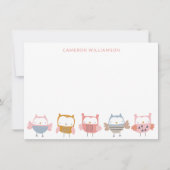 ピンクの文房具のかわいいパーソナライズされたフクロウ サンキューカード (正面)