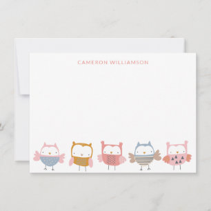 ピンクの文房具のかわいいパーソナライズされたフクロウ サンキューカード