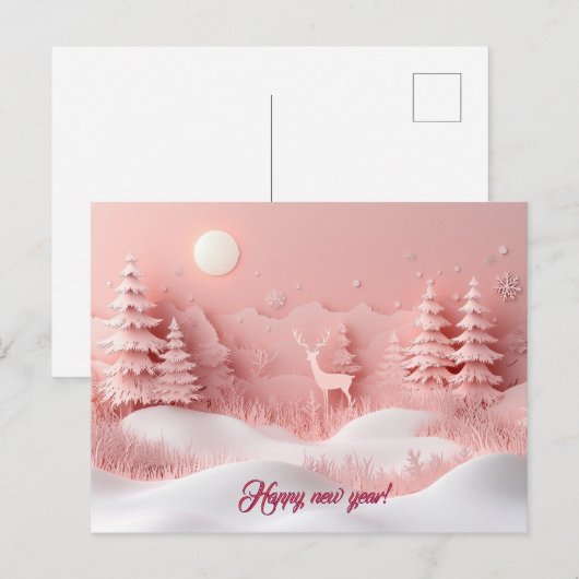 ピンクの新年の雪の森 ポストカード (正面/裏面)