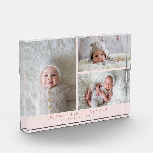 ピンクの新生児記念3枚写真コラージュ フォトブロック (左)