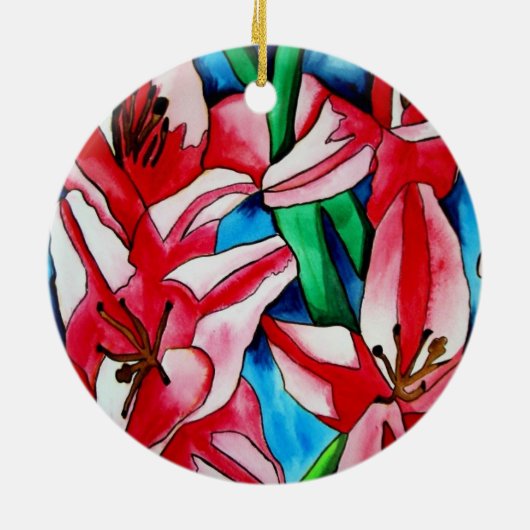 ピンクの日のユリの水の色のアー絵画ト セラミックオーナメント (裏面)