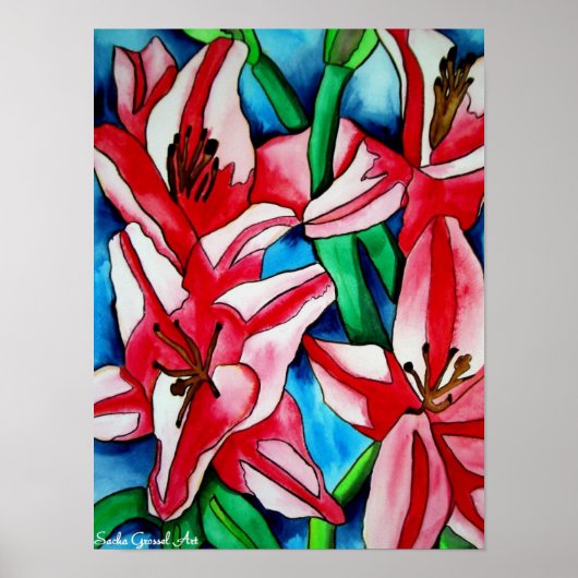 ピンクの日のユリの水の色のアー絵画ト ポスター (正面)