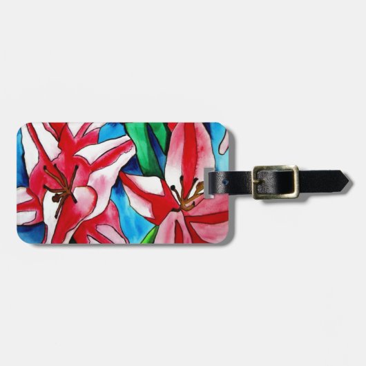 ピンクの日のユリの水の色のアー絵画ト ラゲッジタグ (正面横)