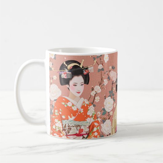 ピンクの日本の芸者コーヒーマグ コーヒーマグカップ (左)