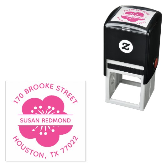 ピンクの日本桜の花の丸い差出人住所 セルフインキングスタンプ (インサイチュ)