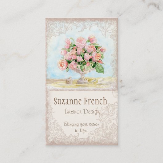 ピンクの旧式なヴィンテージのエレガントで物惜しみしなくフランスのなバラ 名刺 (正面)