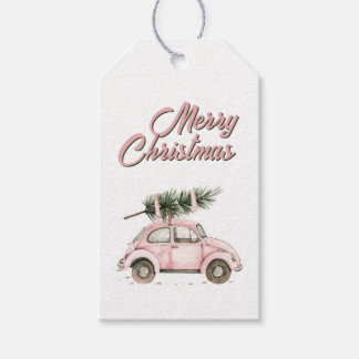 ピンクの昆虫のクリスマスツリーの車 ギフトタグ