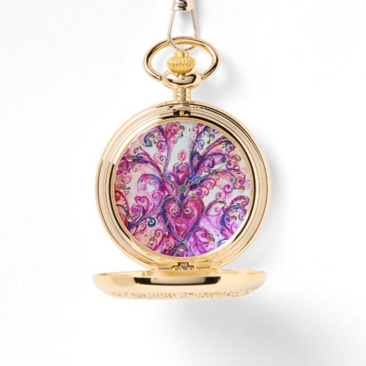 ピンクの明るい赤紫色お洒落がハートで飾られる 腕時計 (正面)