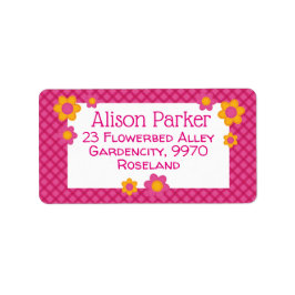 ピンクの明るい赤紫色の格子模様のステッチされた花春 ラベル