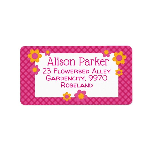 ピンクの明るい赤紫色の格子模様のステッチされた花春 ラベル (正面)