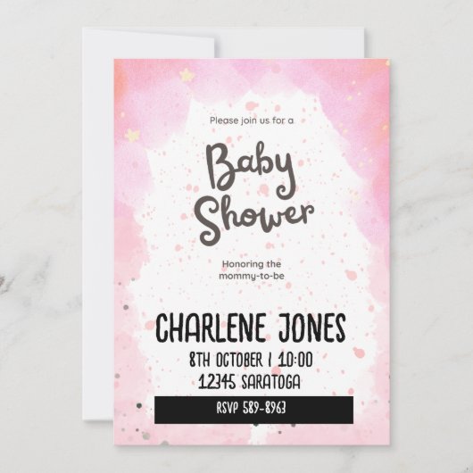 ピンクの星と雲の赤ちゃんシャワー 招待状 (正面)