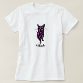 ピンクの星と黒猫のキャットレディタイポグラフィ Tシャツ