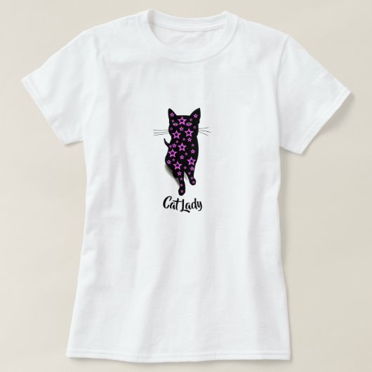 ピンクの星と黒猫のキャットレディタイポグラフィ Tシャツ (デザイン正面)