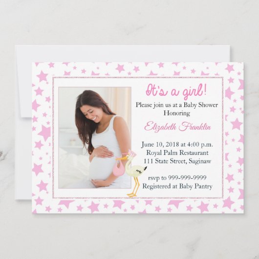 ピンクの星の写真それは女の子のベビーシャワーの招待状です 招待状 (正面)
