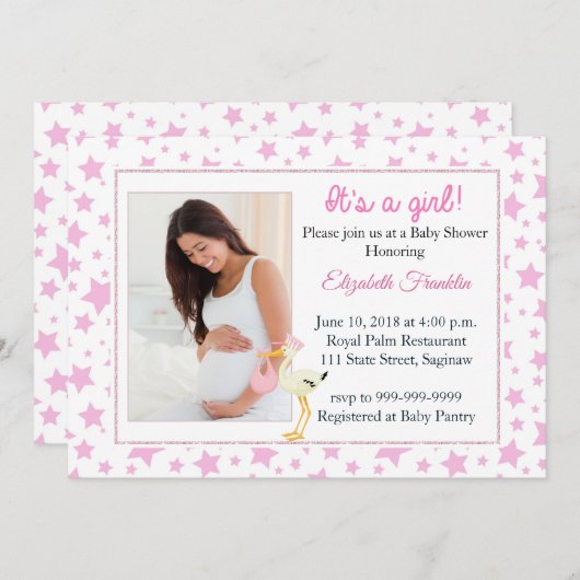 ピンクの星の写真それは女の子のベビーシャワーの招待状です 招待状 (正面/裏面)
