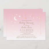 ピンクの星の月の赤ちゃん女の子の赤ちゃんシャワーの招待 招待状 (正面/裏面)