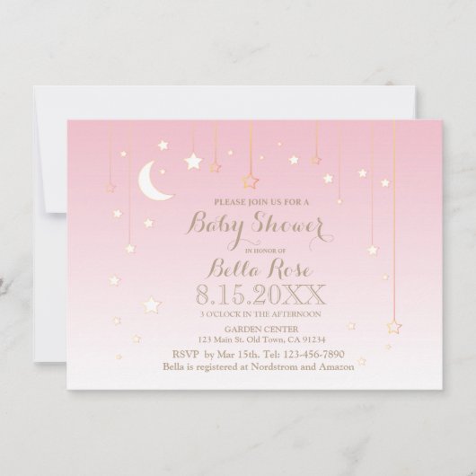 ピンクの星の月の赤ちゃん女の子の赤ちゃんシャワーの招待 招待状 (正面)