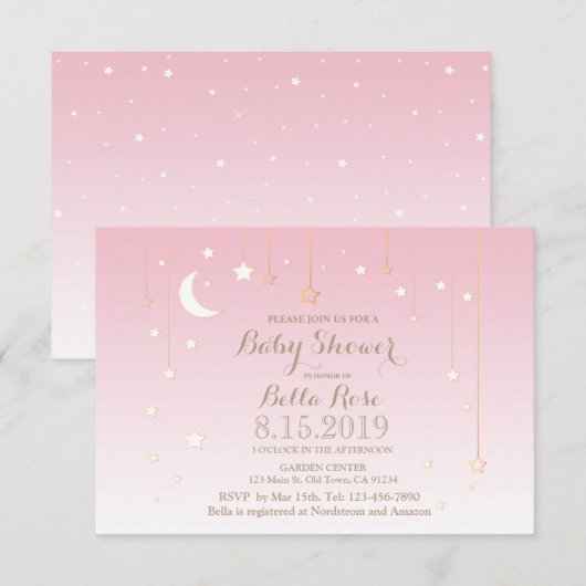 ピンクの星の月ガールベビーシャワー招待状 招待状 (正面/裏面)