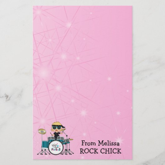 ピンクの星を持つブロンドのドラマーの女の子 便箋 (正面)