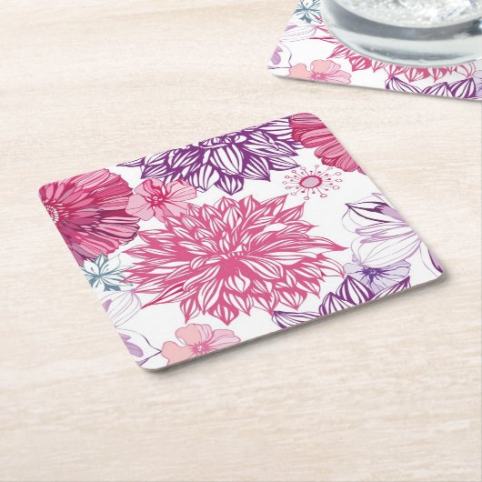 ピンクの星状体およびダリアが付いているパターン スクエアペーパーコースター (アングル)