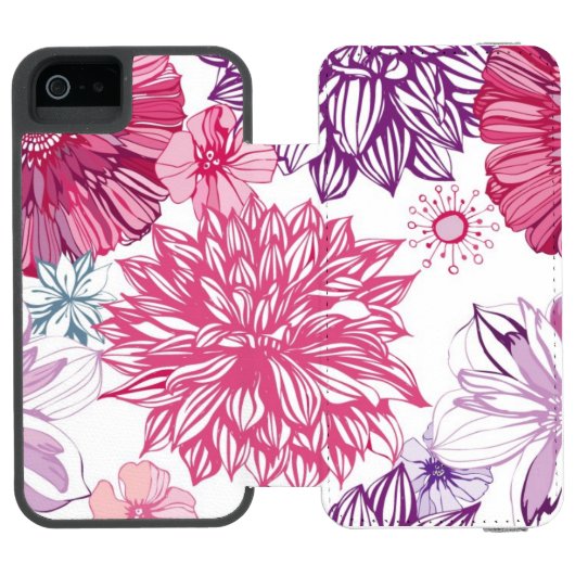 ピンクの星状体およびダリアが付いているパターン INCIPIO iPhoneウォレットケース (フォリオ Open)
