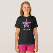 ピンクの星白の「スター!」女の子のTシャツ黒 Tシャツ (正面フル)