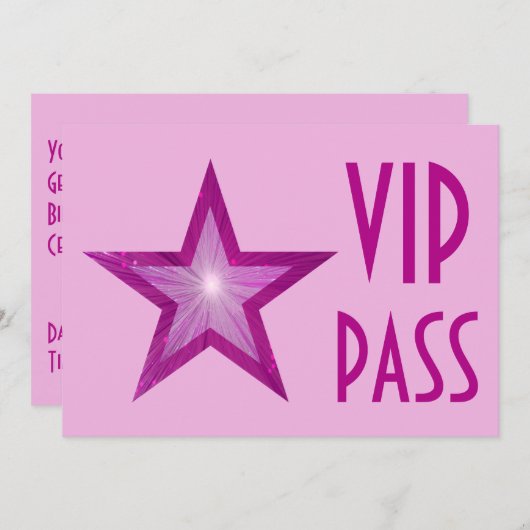 ピンクの星'VIP PASS'ピンク淡い色のの水平 招待状 (正面/裏面)
