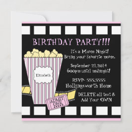 ピンクの映画夜ポップコーンのフィルムのストリップのパーティー 招待状