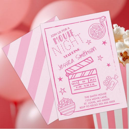 ピンクの映画鑑賞会パーティー 誕生日 招待状